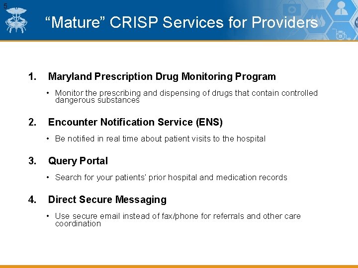 5 “Mature” CRISP Services for Providers 1. Maryland Prescription Drug Monitoring Program • Monitor