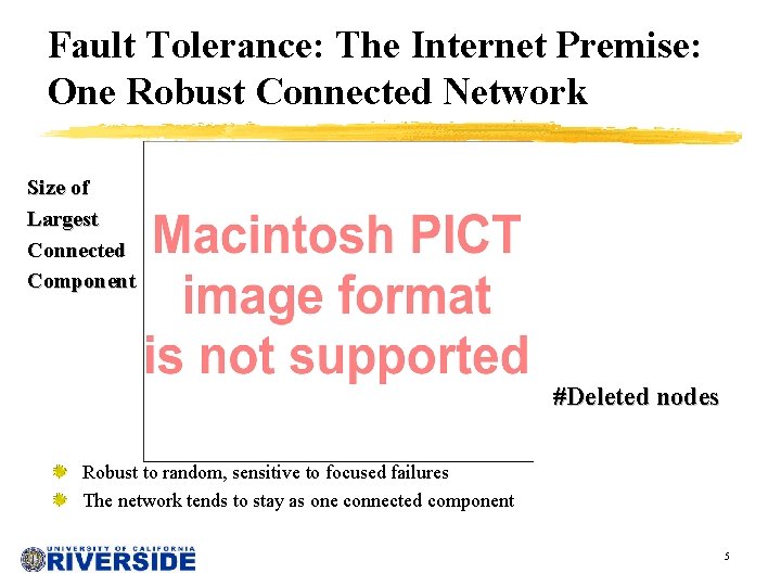Fault Tolerance: The Internet Premise: One Robust Connected Network Size of Largest Connected Component