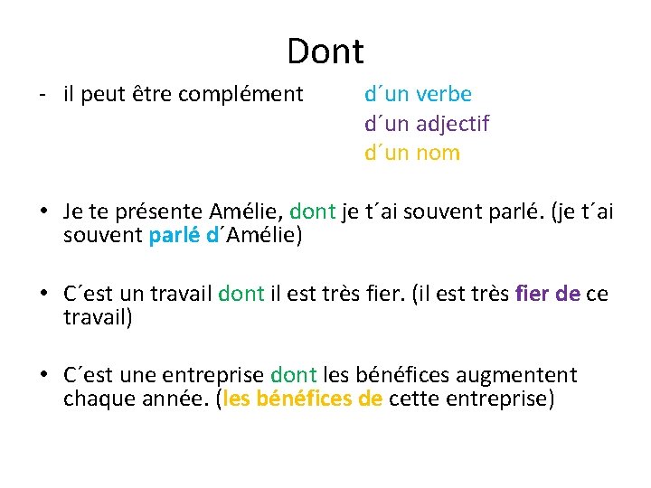 Dont - il peut être complément d´un verbe d´un adjectif d´un nom • Je