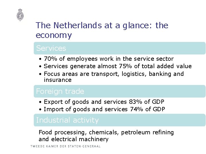 The Netherlands at a glance: the economy Services • 70% of employees work in