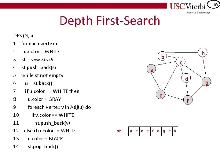 108 Depth First-Search DFS (G, s) 1 for each vertex u 2 u. color