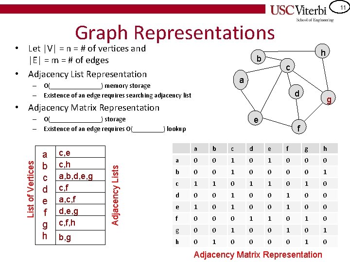 11 Graph Representations • Let |V| = n = # of vertices and |E|