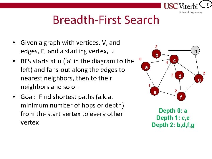 41 Breadth-First Search • Given a graph with vertices, V, and edges, E, and