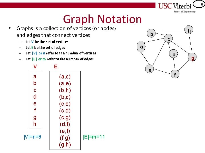 6 Graph Notation • Graphs is a collection of vertices (or nodes) and edges