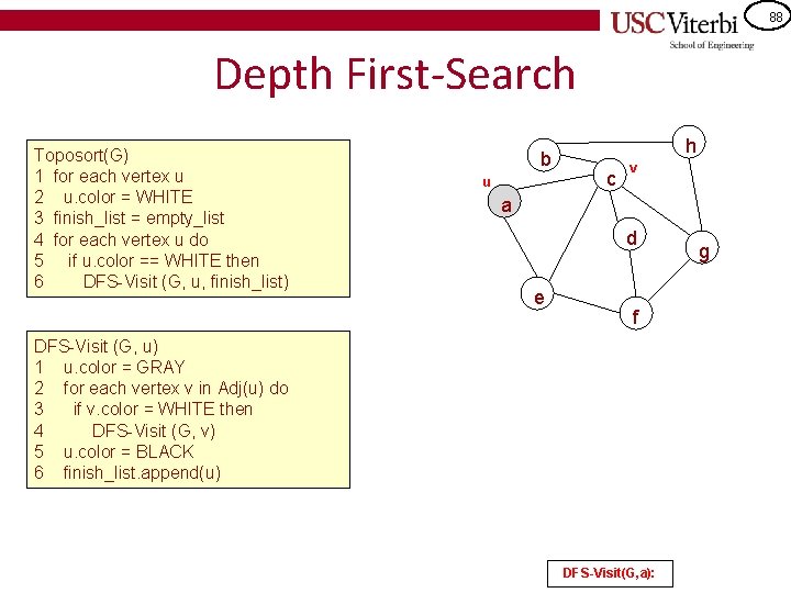 88 Depth First-Search Toposort(G) 1 for each vertex u 2 u. color = WHITE