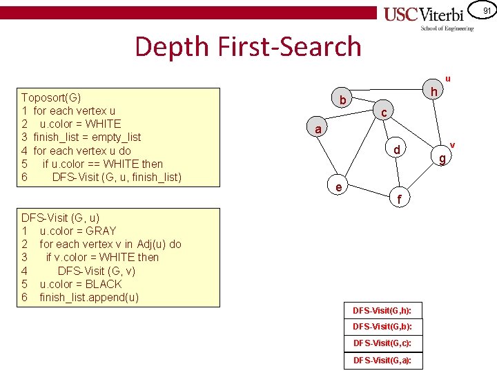 91 Depth First-Search u Toposort(G) 1 for each vertex u 2 u. color =