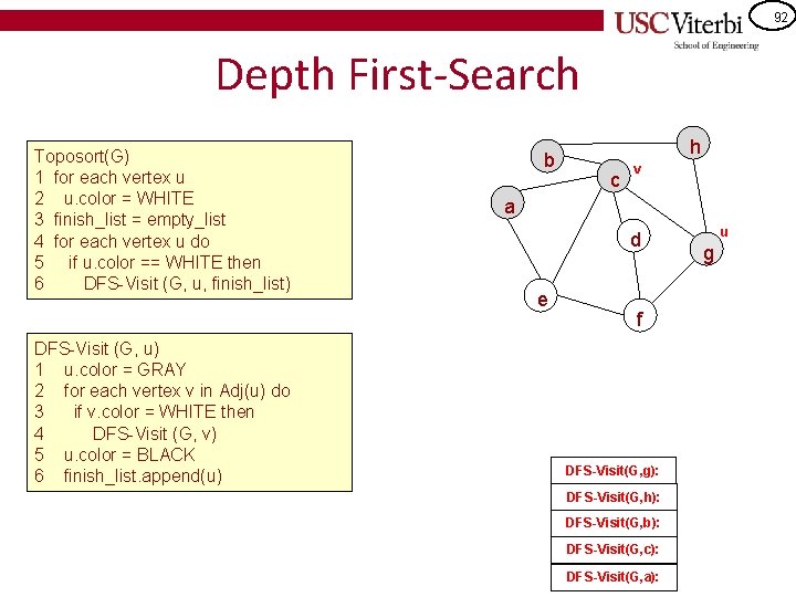 92 Depth First-Search Toposort(G) 1 for each vertex u 2 u. color = WHITE