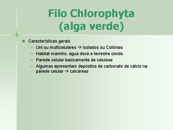 Filo Chlorophyta (alga verde) n Características gerais – Uni ou multicelulares Isolados ou Colônias