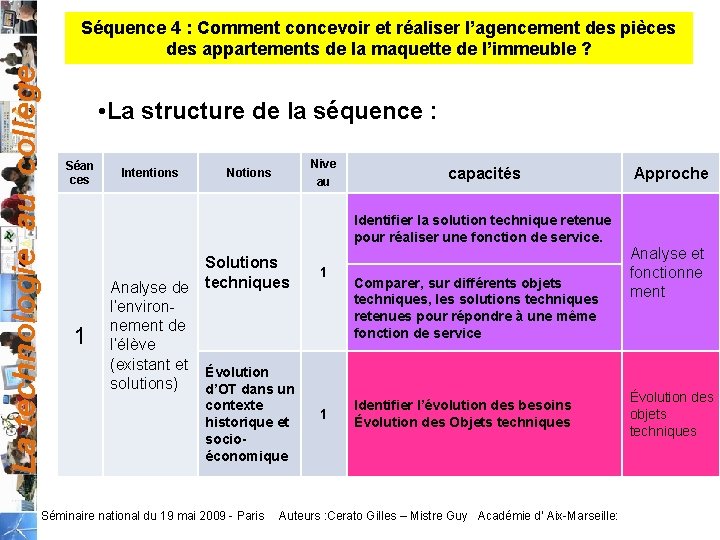 La technologie au collège Séquence 4 : Comment concevoir et réaliser l’agencement des pièces La technologie au collège Séquence 4 : Comment concevoir et réaliser l’agencement des pièces