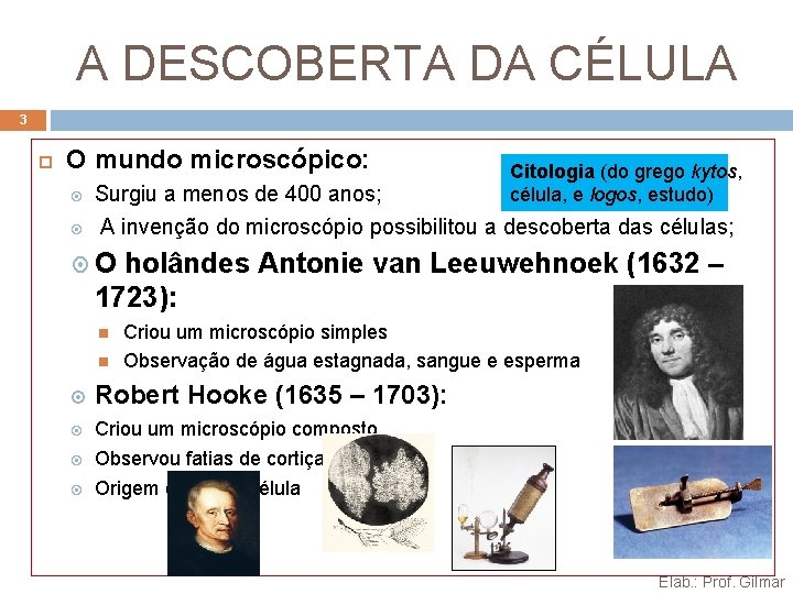 A DESCOBERTA DA CÉLULA 3 O mundo microscópico: Citologia (do grego kytos, célula, e A DESCOBERTA DA CÉLULA 3 O mundo microscópico: Citologia (do grego kytos, célula, e