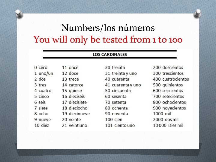 Numbers/los números You will only be tested from 1 to 100 