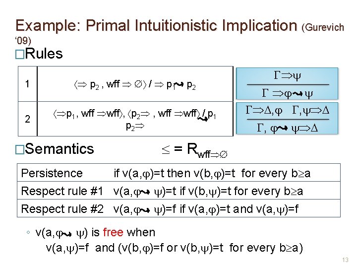 Example: Primal Intuitionistic Implication (Gurevich ‘ 09) �Rules 1 2 p 2 , wff