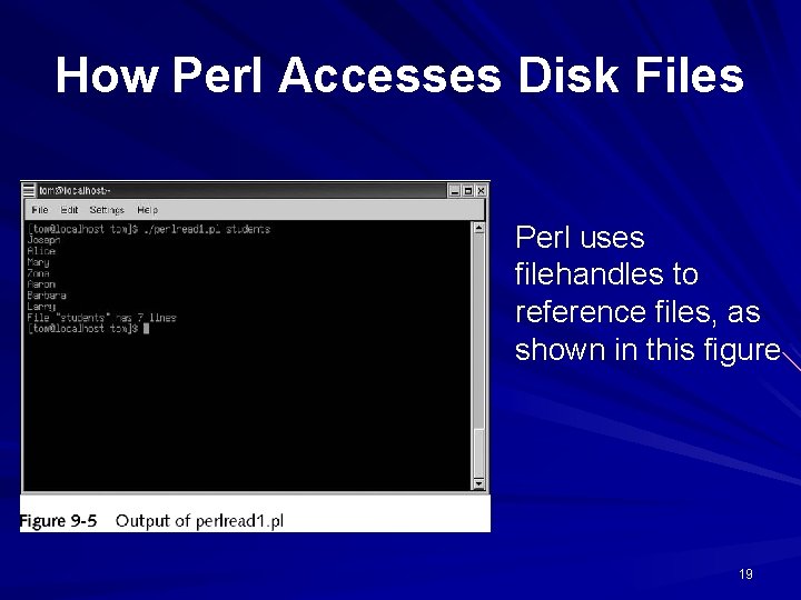 How Perl Accesses Disk Files Perl uses filehandles to reference files, as shown in