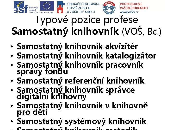 Typové pozice profese Samostatný knihovník (VOŠ, Bc. ) • Samostatný knihovník akvizitér • Samostatný