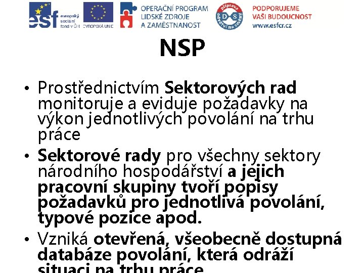 NSP • Prostřednictvím Sektorových rad monitoruje a eviduje požadavky na výkon jednotlivých povolání na