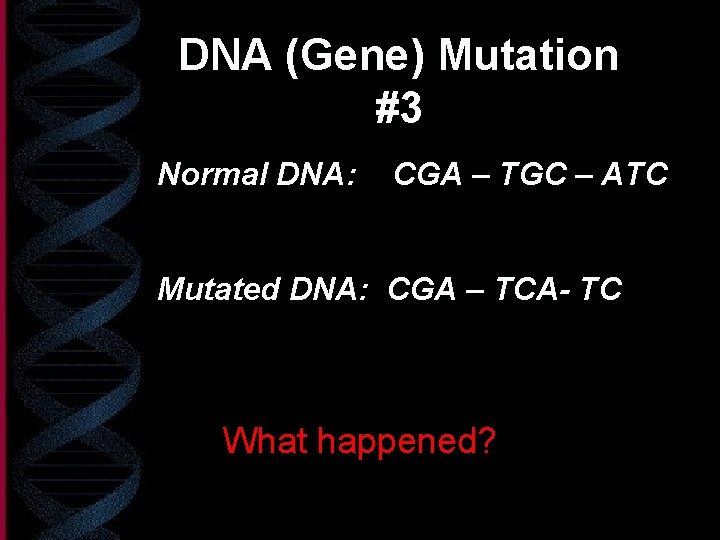 DNA (Gene) Mutation #3 Normal DNA: CGA – TGC – ATC Mutated DNA: CGA