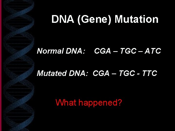 DNA (Gene) Mutation Normal DNA: CGA – TGC – ATC Mutated DNA: CGA –