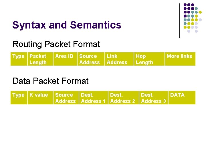 Syntax and Semantics Routing Packet Format Type Packet Length Area ID Source Address Link Syntax and Semantics Routing Packet Format Type Packet Length Area ID Source Address Link