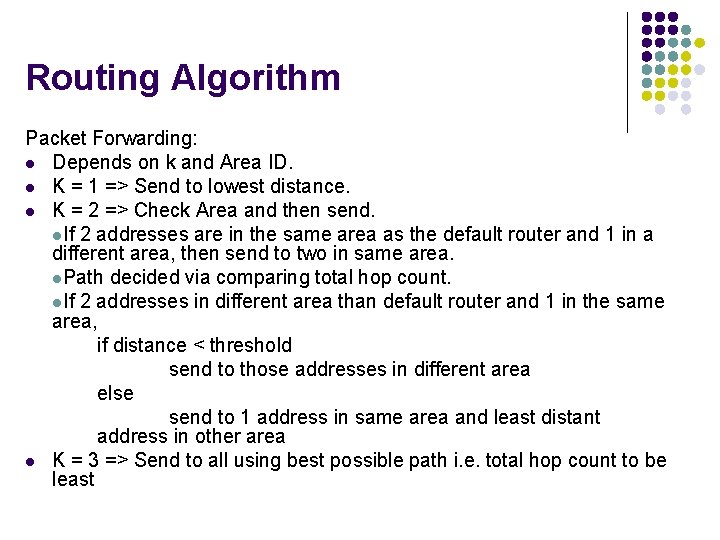 Routing Algorithm Packet Forwarding: l Depends on k and Area ID. l K = Routing Algorithm Packet Forwarding: l Depends on k and Area ID. l K =