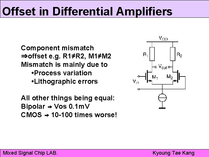 Offset in Differential Amplifiers Component mismatch ⇒offset e. g. R 1≠R 2, M 1≠M