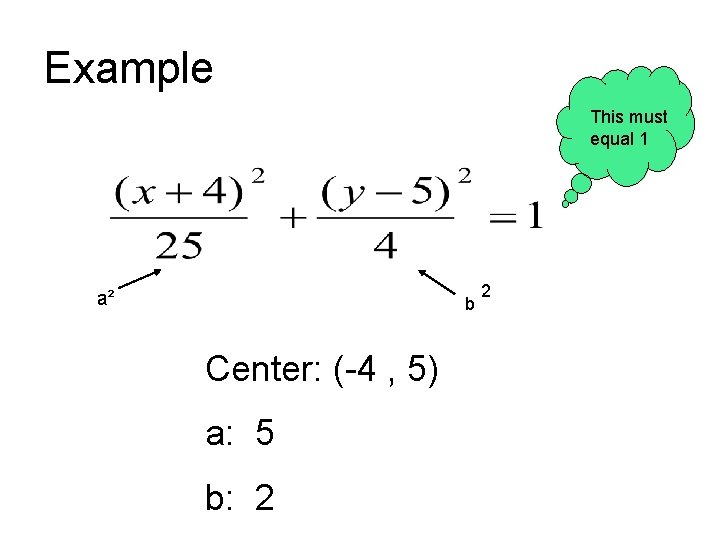 Example This must equal 1 a² b Center: (-4 , 5) a: 5 b: