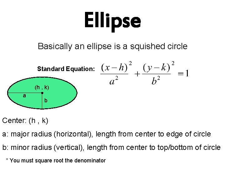 Ellipse Basically an ellipse is a squished circle Standard Equation: (h , k) a
