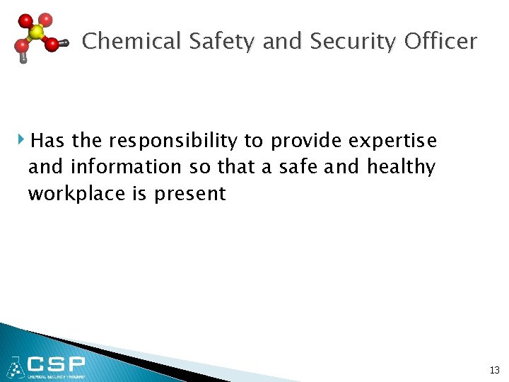 Chemical Safety and Security Officer ‣ Has the responsibility to provide expertise and information