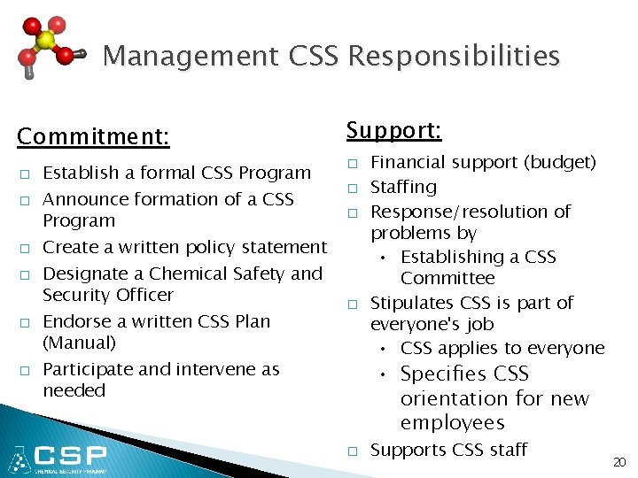 Management CSS Responsibilities Commitment: � � � Establish a formal CSS Program Announce formation