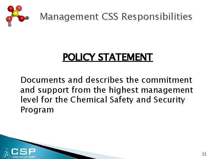 Management CSS Responsibilities POLICY STATEMENT Documents and describes the commitment and support from the