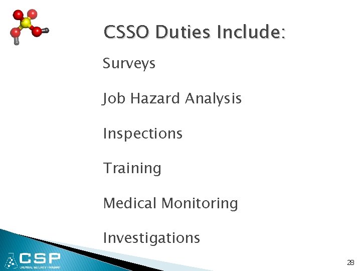 CSSO Duties Include: Surveys Job Hazard Analysis Inspections Training Medical Monitoring Investigations 28 