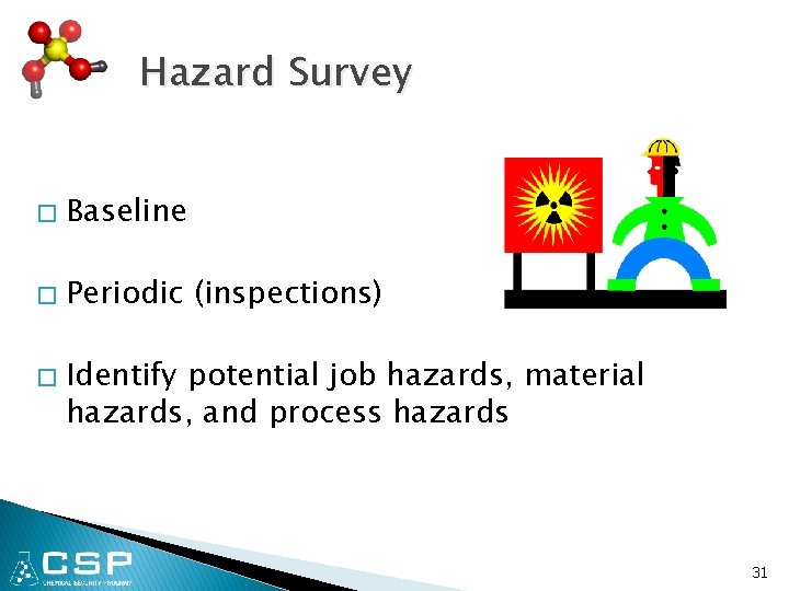 Hazard Survey � Baseline � Periodic (inspections) � Identify potential job hazards, material hazards,