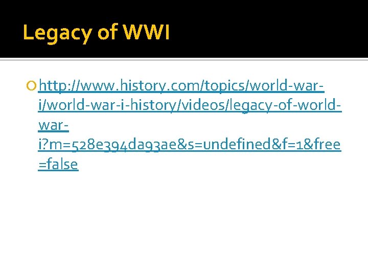 Legacy of WWI http: //www. history. com/topics/world-war- i/world-war-i-history/videos/legacy-of-worldwari? m=528 e 394 da 93 ae&s=undefined&f=1&free