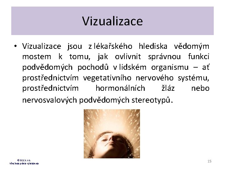 Vizualizace • Vizualizace jsou z lékařského hlediska vědomým mostem k tomu, jak ovlivnit správnou