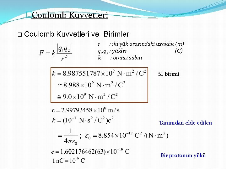 �Coulomb Kuvvetleri q Coulomb Kuvvetleri ve Birimler r : iki yük arasındaki uzaklık (m)