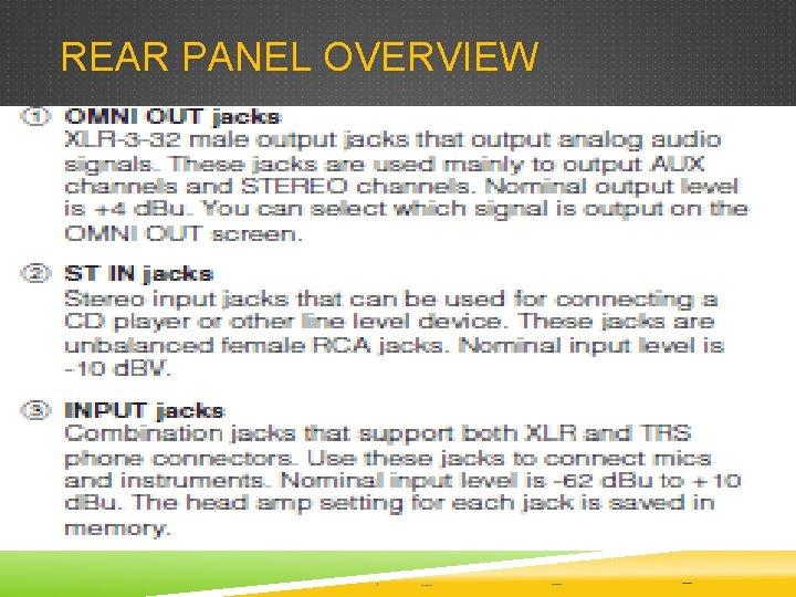 REAR PANEL OVERVIEW REAR PANEL OVERVIEW