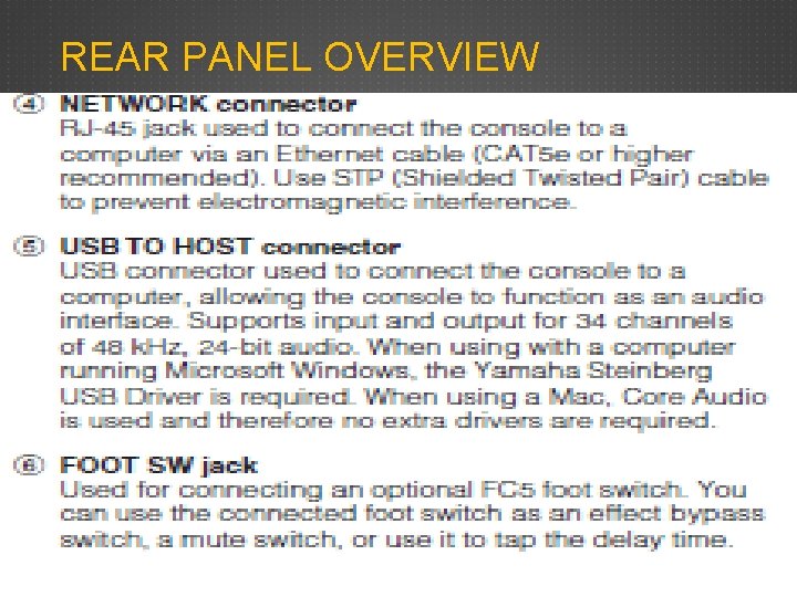 REAR PANEL OVERVIEW REAR PANEL OVERVIEW