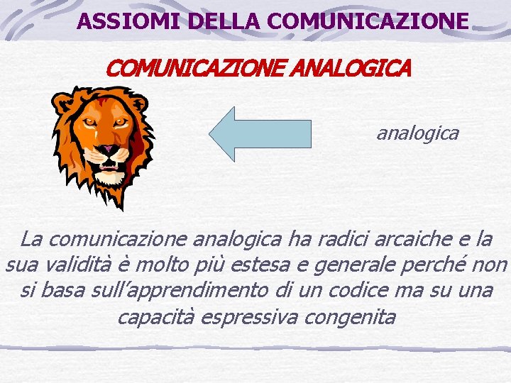 ASSIOMI DELLA COMUNICAZIONE ANALOGICA analogica La comunicazione analogica ha radici arcaiche e la sua