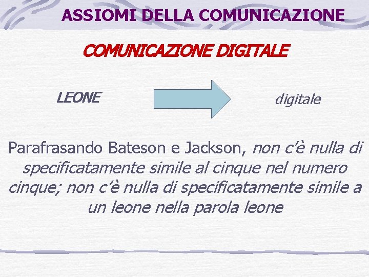 ASSIOMI DELLA COMUNICAZIONE DIGITALE LEONE digitale Parafrasando Bateson e Jackson, non c’è nulla di