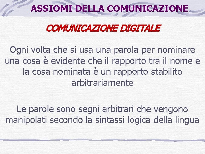 ASSIOMI DELLA COMUNICAZIONE DIGITALE Ogni volta che si usa una parola per nominare una