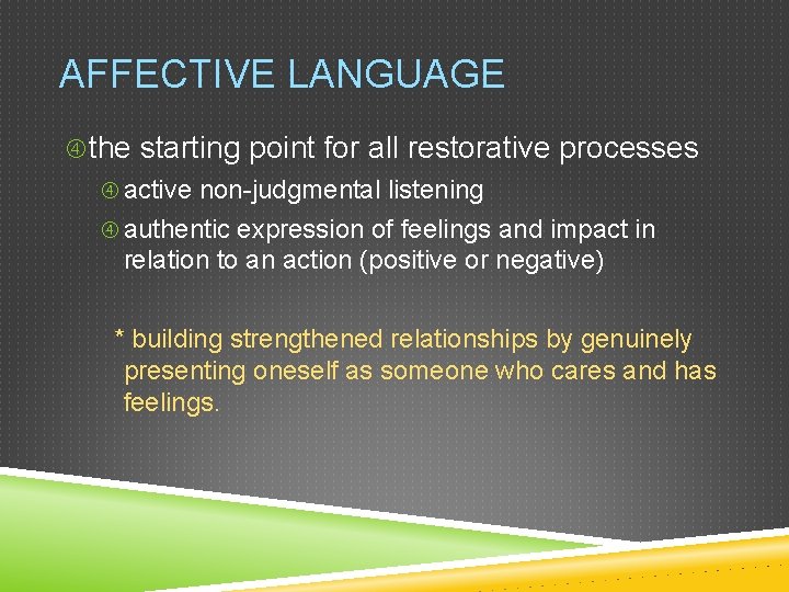 AFFECTIVE LANGUAGE the starting point for all restorative processes active non-judgmental listening authentic expression