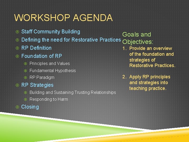 WORKSHOP AGENDA Staff Community Building Goals and Defining the need for Restorative Practices Objectives: