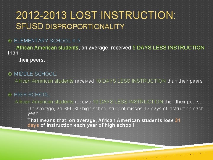 2012 -2013 LOST INSTRUCTION: SFUSD DISPROPORTIONALITY ELEMENTARY SCHOOL K-5: African American students, on average,