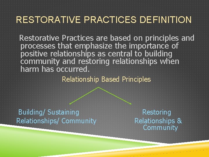 RESTORATIVE PRACTICES DEFINITION Restorative Practices are based on principles and processes that emphasize the