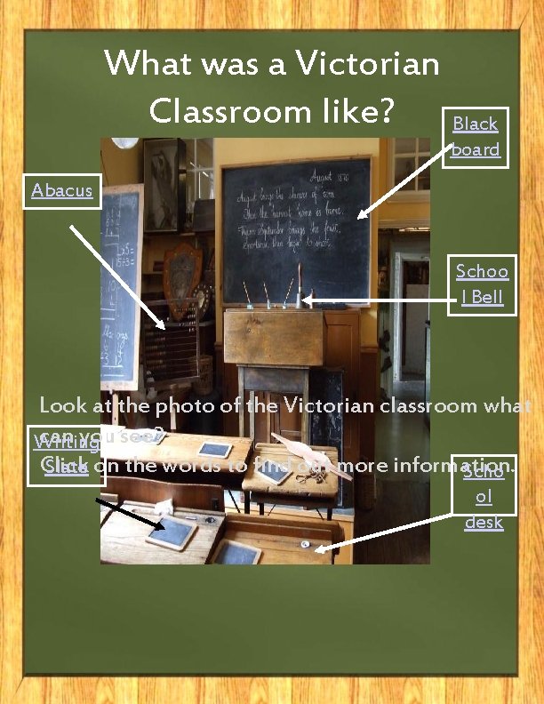 What was a Victorian Classroom like? Black board Abacus Schoo l Bell Look at