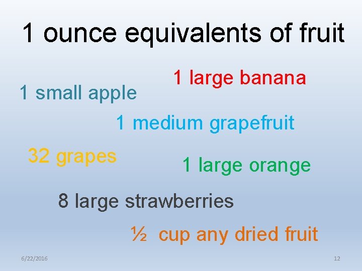 1 ounce equivalents of fruit 1 large banana 1 small apple 1 medium grapefruit