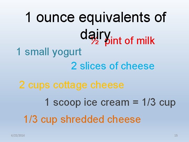 1 ounce equivalents of dairy ½ pint of milk 1 small yogurt 2 slices