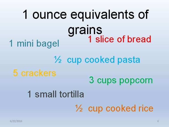 1 ounce equivalents of grains 1 mini bagel 1 slice of bread ½ cup