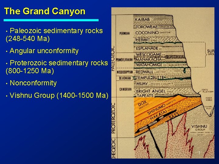 The Grand Canyon Paleozoic sedimentary rocks (248 -540 Ma) • • Angular unconformity Proterozoic The Grand Canyon Paleozoic sedimentary rocks (248 -540 Ma) • • Angular unconformity Proterozoic