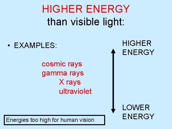HIGHER ENERGY than visible light: • EXAMPLES: HIGHER ENERGY cosmic rays gamma rays X HIGHER ENERGY than visible light: • EXAMPLES: HIGHER ENERGY cosmic rays gamma rays X