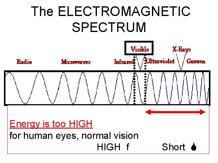 The ELECTROMAGNETIC SPECTRUM • Energy is too HIGH for human eyes, normal vision HIGH The ELECTROMAGNETIC SPECTRUM • Energy is too HIGH for human eyes, normal vision HIGH